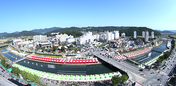 공중에서 내려다본 보은대추축제장 전경. 보청천 하천변 2㎞ 내외에 설치된 300여개의 부수가 축제 규모를 짐작케 하고 있다. /사진제공 보은군