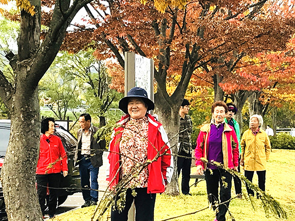 주성노인대학학생들이 충남 삽교천을 방문해 가을여행을 즐기고 있다.
