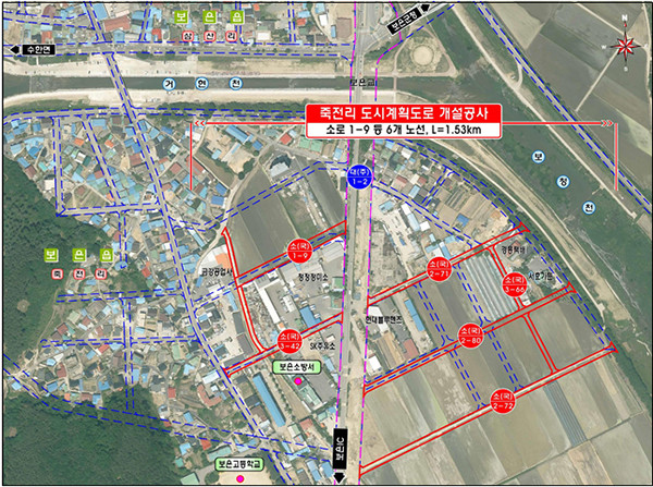 보은군이 죽전리 일원에 도시계획도로 개설(확장 포함) 사업을 추진한다. 사진은 계획 평면도.