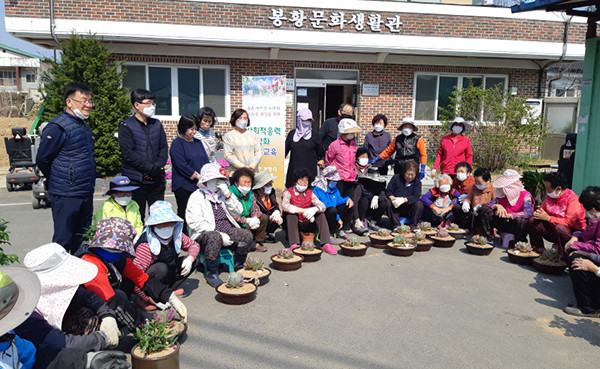 농촌노인 사회적응력 강화 교육 프로그램 운영 대상지로 선정된 내북면 봉황리 주민들이 생활원예 실습을 하고 있다.