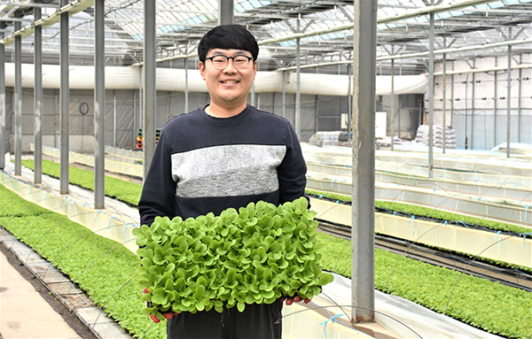 황순덕 거현육묘장 대표가 육묘중인 배추모를 들어 보이고 있다.