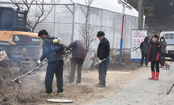 수한면 거현1리 주민들이 마을 대청소를 하고 있다.