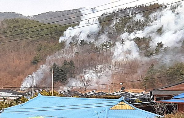 산외면 중티리 마을 뒷산에 산불이 발생해 연기가 솟아오르고 있다.