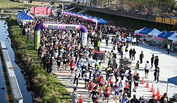 2023년 보은벚꽃길마라톤대회에 참여한 마라토너들이 힘차게 출발하고 있다.