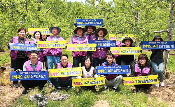 김영환 충북지사가 보은군 산외면 사과농장에서 최재형 보은군수와 보은 소재 중소기업인들과 일손이음 봉사활동을 펼쳤다.