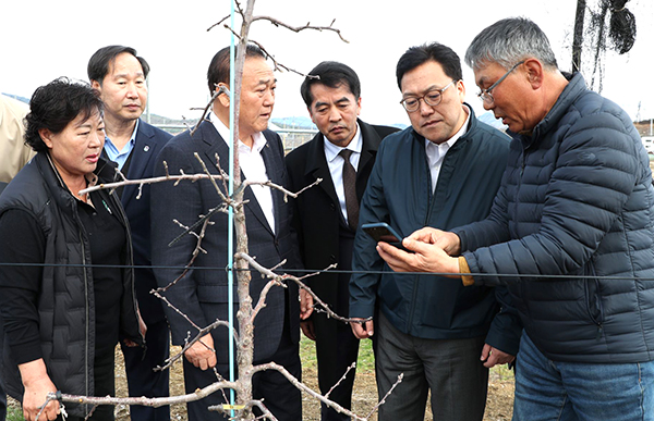 기획재정부 김병환 1차관(우측에서 두 번째)이 사과 수급 상황 점검을 위해 보은군과수거점유통센터(APC) 방문, 사과 농장주로부터 애로사항을 듣고 있다. /제공 보은군