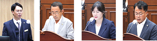 왼쪽부터 윤대성 신임의장, 김응철 부의장, 김도하 행정운영위원장, 성제홍 산업경제위원장.