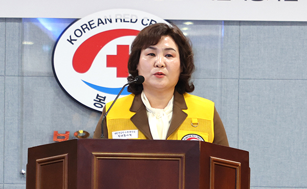 박인선 대한적십자사봉사회 보은지구협의회장이 취임 소견을 밝히고 있다.
