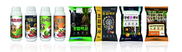 바이오플랜에서 생산하는 조피박사, 분얼박사, 엑토신골 등 유기농업자재.
