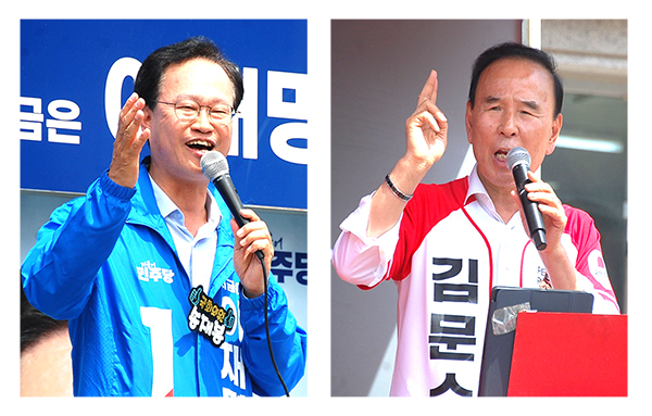 국회 더불어민주당 송재봉 의원과 국민의힘 박덕흠 의원이 기호 1번 이재명 후보와 기호 2번 김문수 후보 선택의 필요성을 주장하고 있다.