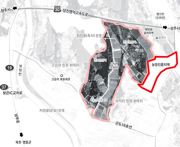 농림부에서 제척한 요구한 보은 제3산단 축소 부분. (검정색 부분) 
