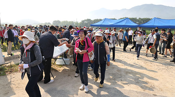 보은군민건강걷기대회에 참여한 탄부면 주민들이 서로를 반기며 보청천변으로 들어서고 있다.