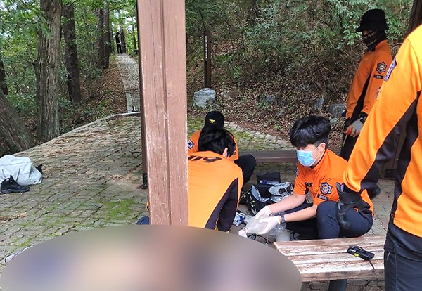 119구급대원 들이 벌에 쏘여 심정지 상태의 주민에게 심폐소생술을 펼치고 있다.